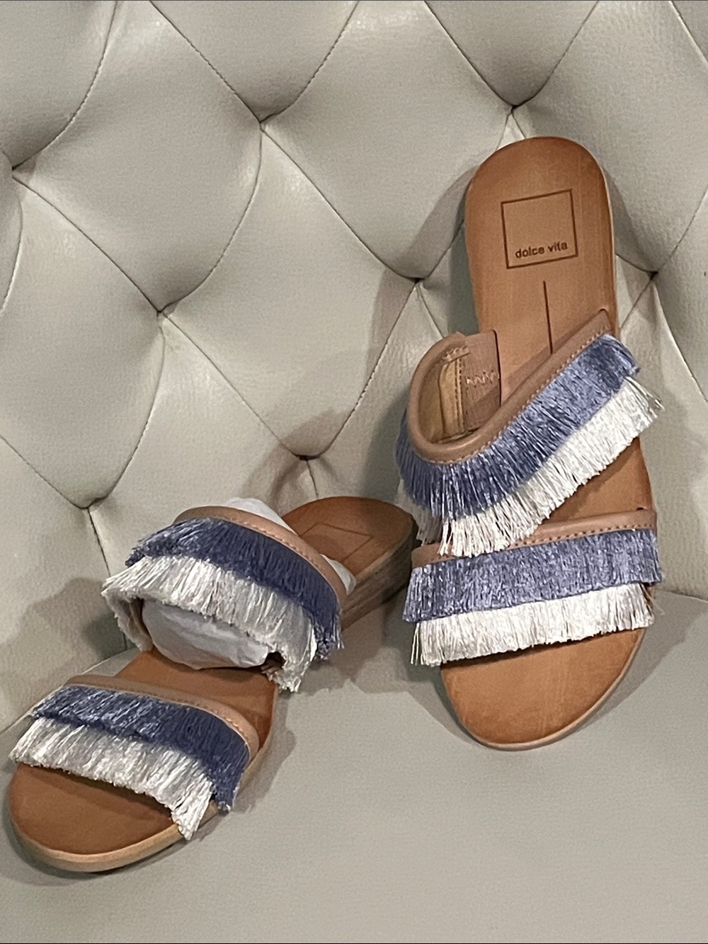 Dolce Vita Blue and White Fringe Double-Strap Slide Sandals Eye Catching Size 8